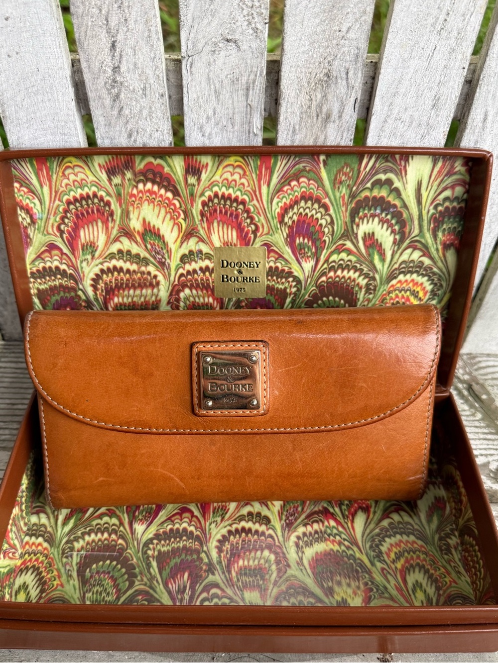 Dooney & Bourke Tan Leather Flap Wallet with Metal Logo Plate